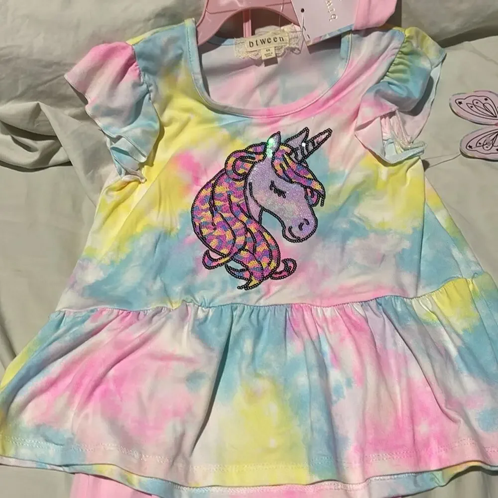 Btween 6x tye dye unicorn ruffled hemline top w/pink legging scrunchie nwt